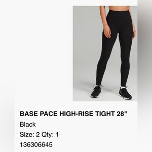Lululemon Base Pace High Rise Tight 28”. Color black. Size 2. Like new.